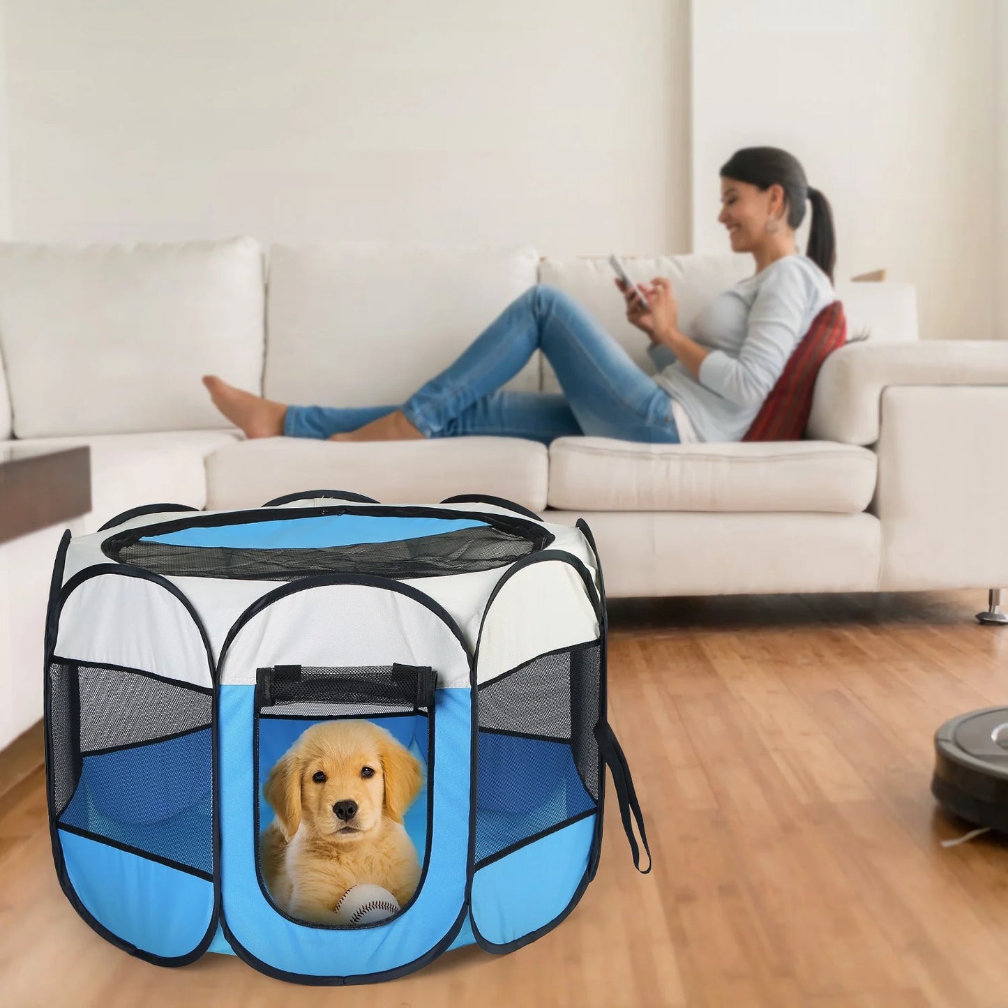 Pink-Blue Options -- 1Pc Portable Foldable Pet Tent Exercise Pen Kennel Removable Zipper Top and Bottom Water Resistant Indoor Outdoor Use for Dogs Cats Other Pets