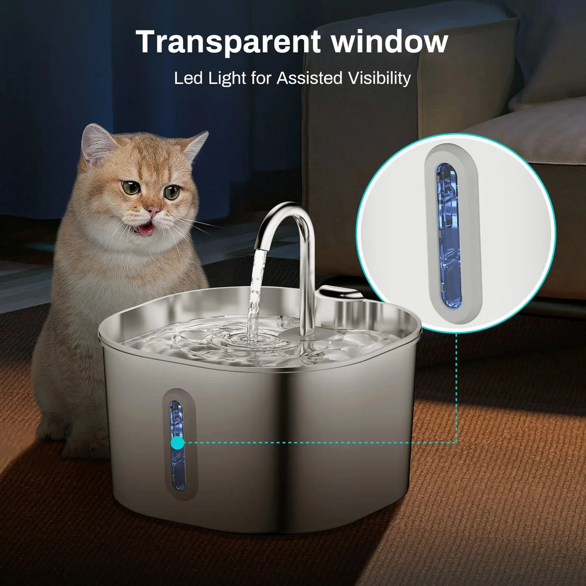 Zyfeeder 2.2L Automatic Cat Water Fountain Square Stainless Steel Pet Water Feeder Dog Water Fountain with Window（No 5V 1A Plug）
