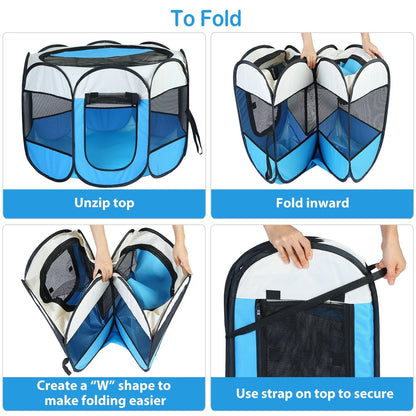 Pink-Blue Options -- 1Pc Portable Foldable Pet Tent Exercise Pen Kennel Removable Zipper Top and Bottom Water Resistant Indoor Outdoor Use for Dogs Cats Other Pets